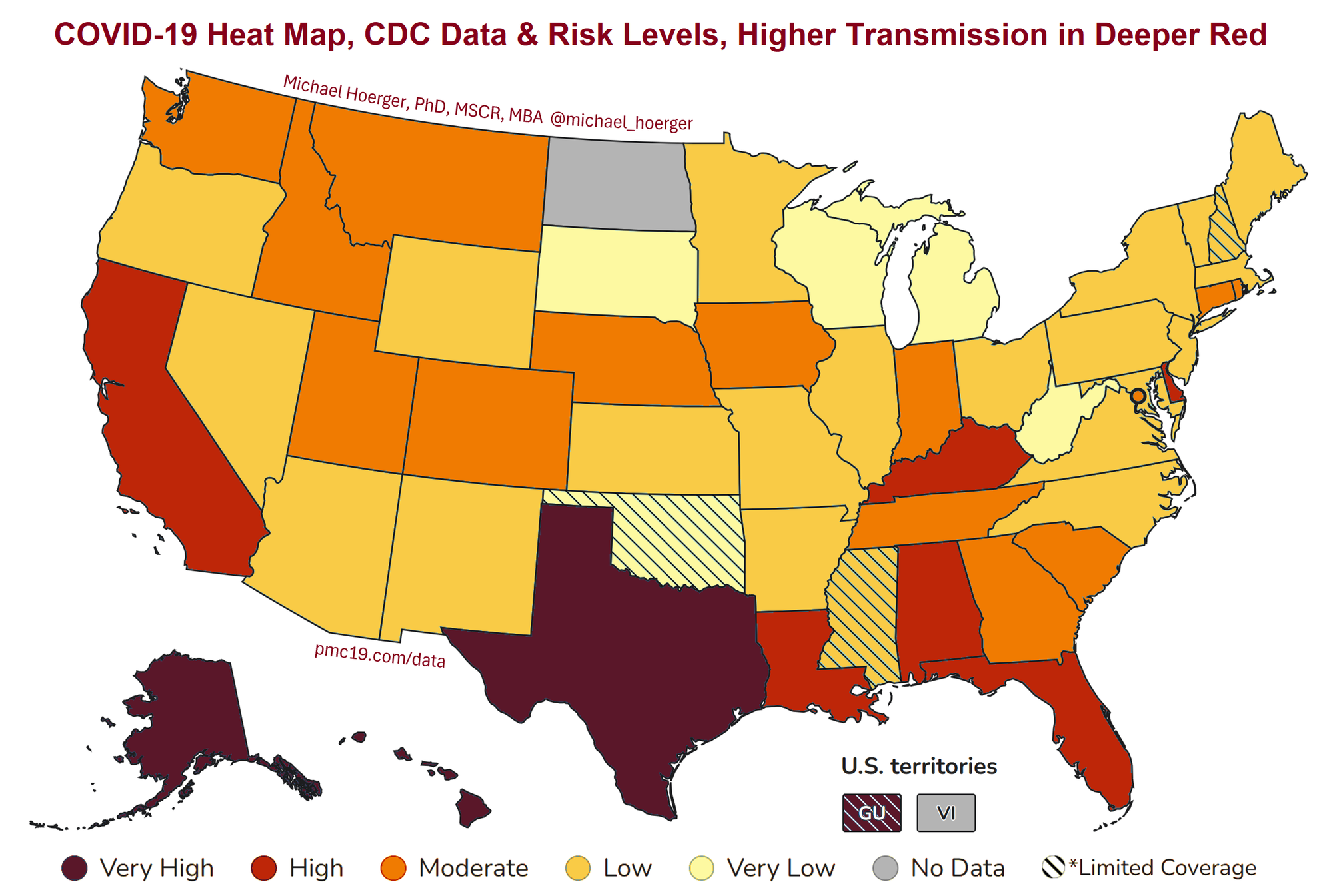 Map of COVID-19 transmission in the US in varying shades of red. Alaska, Hawaii, Guam, and Texas are very high. California, Louisiana, Florida, Alabama, Kentucky, and Delaware are high. Wisconsin is currently very low, but that seems to be changing now.