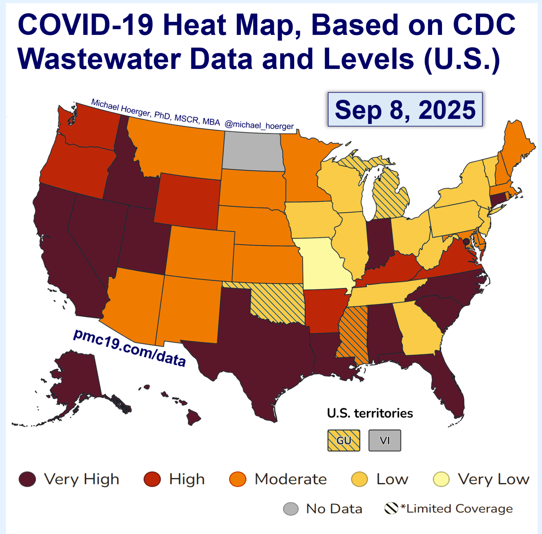 COVID-19 Heat Map, Based on CDC Wastewater Data and Levels (U.S.) September 8, 2025. 14 states show Very High levels of transmission, mostly along the coasts, as well as Idaho and Indiana. The upper midwest and interior northeast are the last regions of the country to be in low levels of transmission.